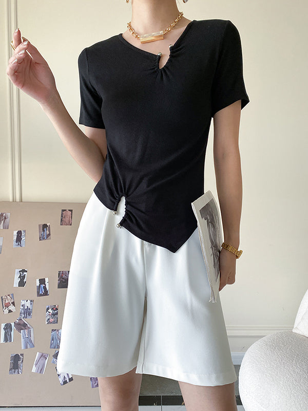 Original Casual Solid Color Pleated Skinny T-Shirt Top