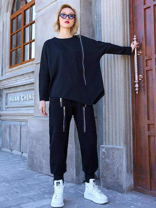 Loose Solid Pocket Zipper Overall Pants