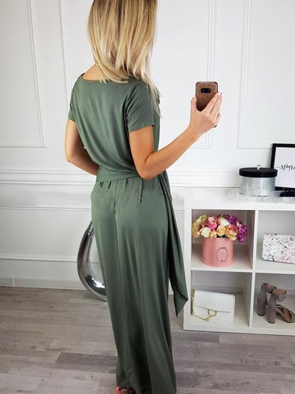Casual Belted Short Sleeve Maxi Dress