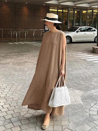 Simple Loose Split-side Sleeveless Long Dress