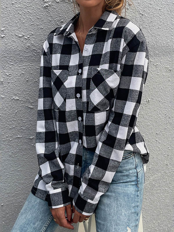 Causal Lapel Buttoned Plaid Long Sleeves Blouses
