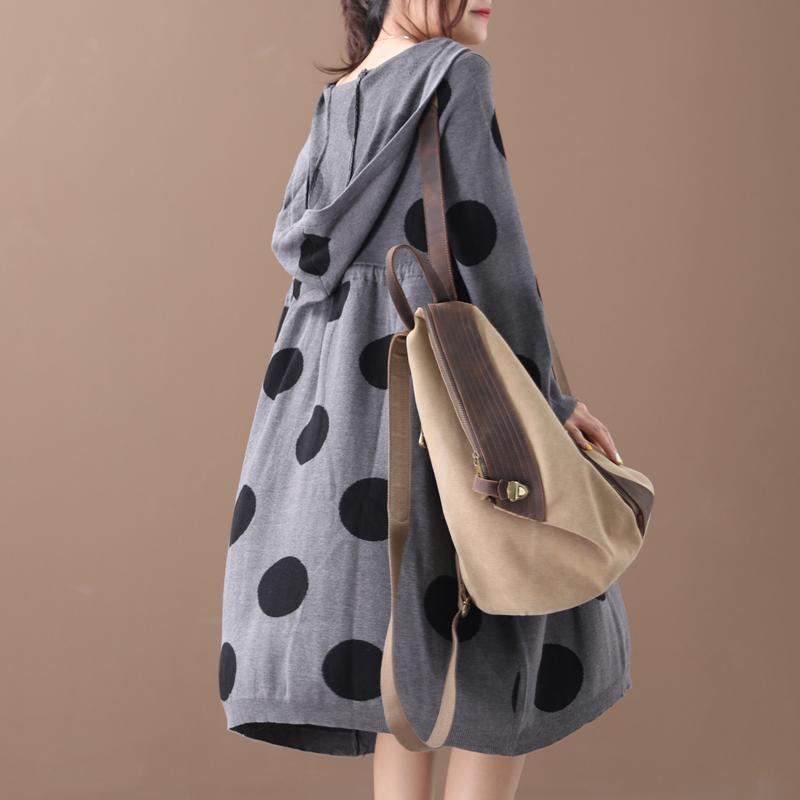 Buykud Literary Polka Dot Drawstring Comfortable Hooded Dress