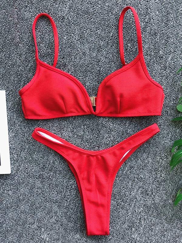 V-Neck Solid Color Split Bikini Swimsuit