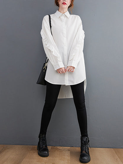 Stylish Loose Solid Color Split-Joint Falbala High-Low Lapel Collar Long Sleeves Blouse