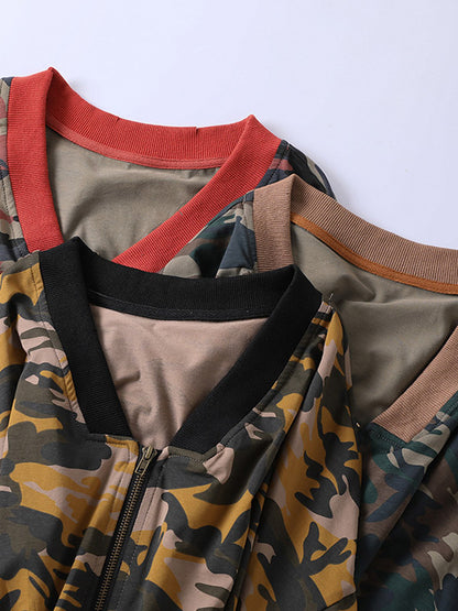 Casual Zipper V-Neck Camouflage Printed Long Sleeves Outerwear