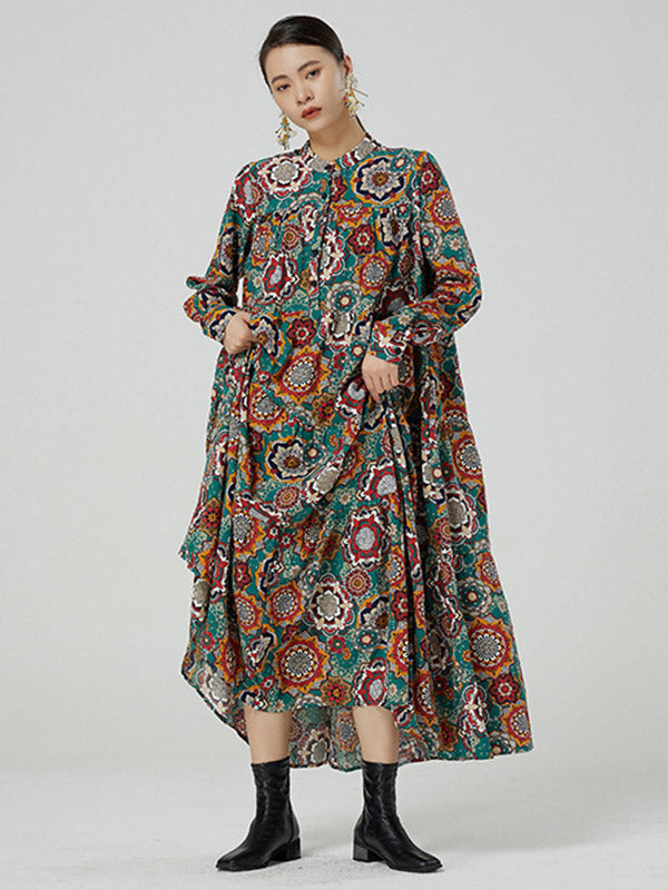 National Floral Printed Buttoned Pleated Stand Collar Long Sleeves Midi Dress
