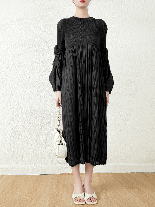 Loose Long Pile Sleeves Pleated Solid Color Round-Neck Midi Dresses