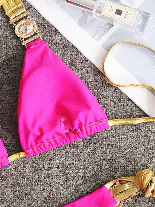 Gorgeous Embellished Triangles Bandage Split Bikini Swimsuit