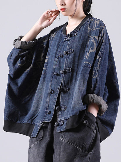 Vintage Buttoned Split-Joint Printed Long Sleeves Denim Jackets Outerwear
