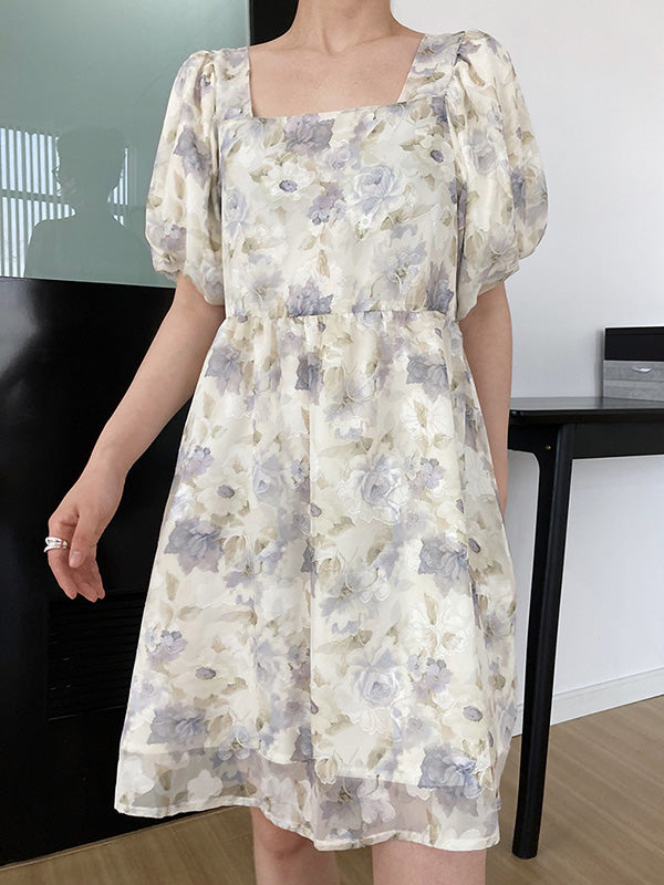 Original Floral Printed Square-Neck Puff Sleeve Mini Dress