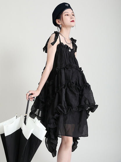 Stylish Cropped Pleated Split-Joint Bandage Spaghetti-Neck Midi Dress