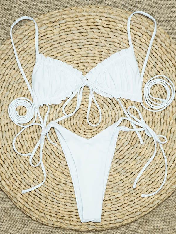 Solid Color Ruffled Triangles Bandage Split Bikini Swimsuit