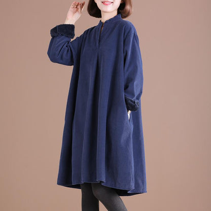 Buykud Casual Stand Collar Plus Velvet Warm Dress