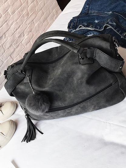 Solid Pompom Trimming Shoulder Bag