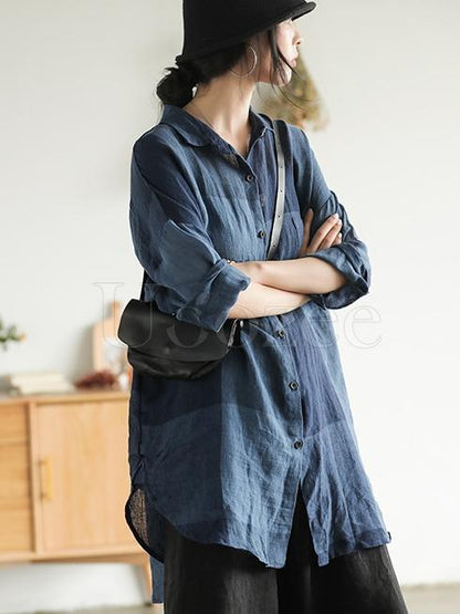 Retro Linen Plaid Long Shirt