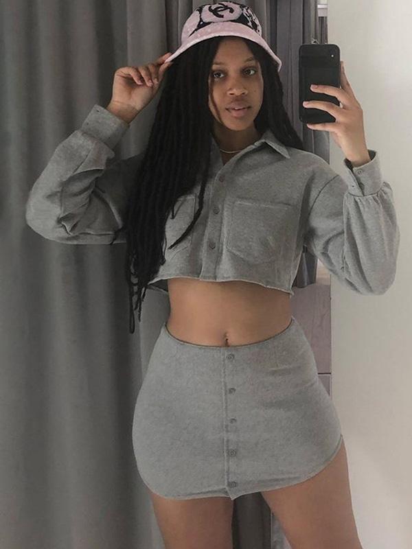 Solid Lapel Sweatshirt&Skirt Sports Suits