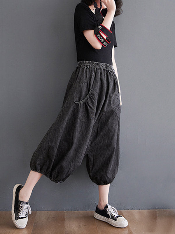 Loose Casual Elasticity High-Waist Wide Legs Jean Pants Knickerbockers