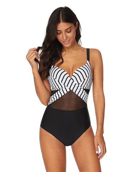 Striped Gauze Split-joint One-piece Swimsuit