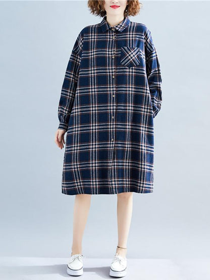 Loose Plaid Lapel Blouse Dress