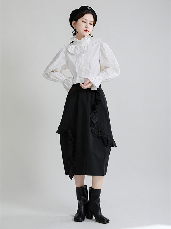 Stylish Solid Color Falbala Buttoned Pleated Stand Collar Long Puff Sleeves High-Waist Blouse