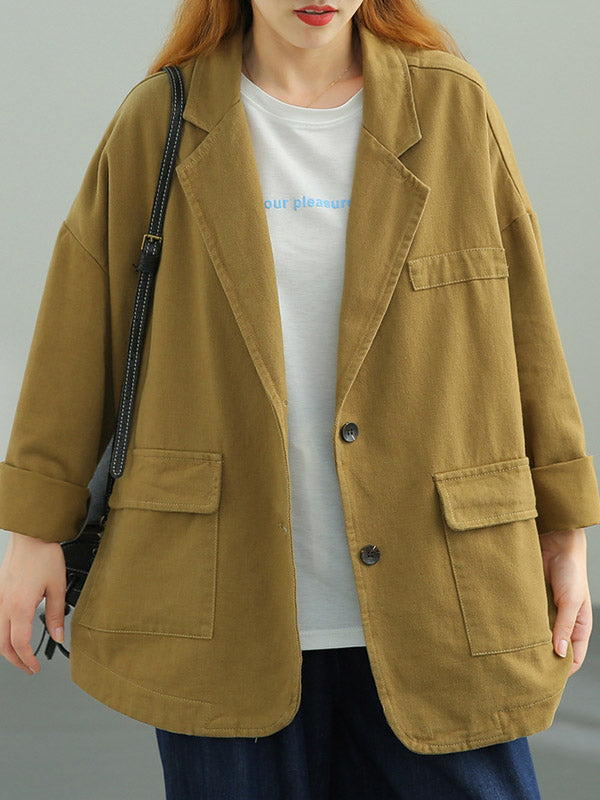 Simple Solid Color Buttoned Notched Collar Batwing Sleeve Outerwear