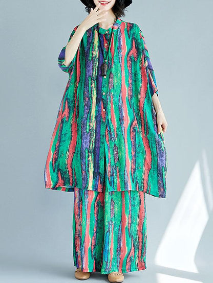 Chiffon Colorful Striped Print Stand Collar Long Blouse+Pants Suits