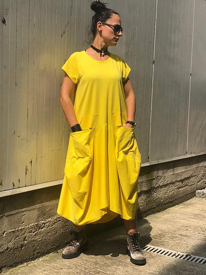 Short Sleeve Double Pockets Irregular Maxi Dress