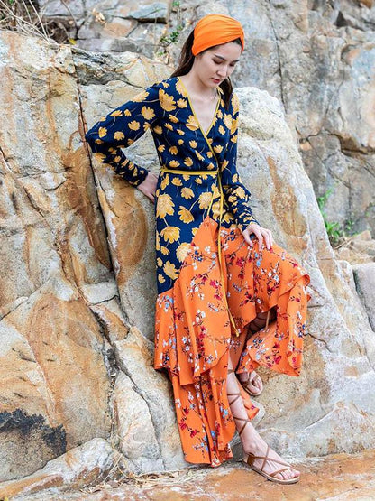 Asymmetric Long Sleeves Bohemia Wrap Dress