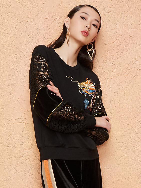 Embroidery Hollow Lace Hoodies Top