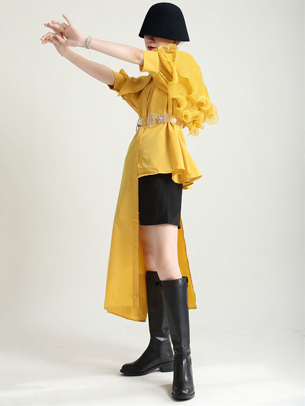 Stylish Irregular 4 Colors Split-Joint Pleated Mesh Falbala Buttoned Lapel Collar Bishop Sleeves Blouse