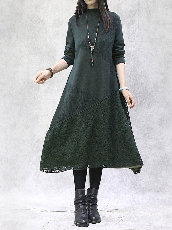 Artistic Retro Solid Color Split-Joint Embroidered Hollow Lace Stand Collar Long Sleeves Knitted Sweater Dress