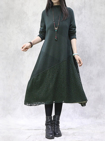Artistic Retro Solid Color Split-Joint Embroidered Hollow Lace Stand Collar Long Sleeves Knitted Sweater Dress
