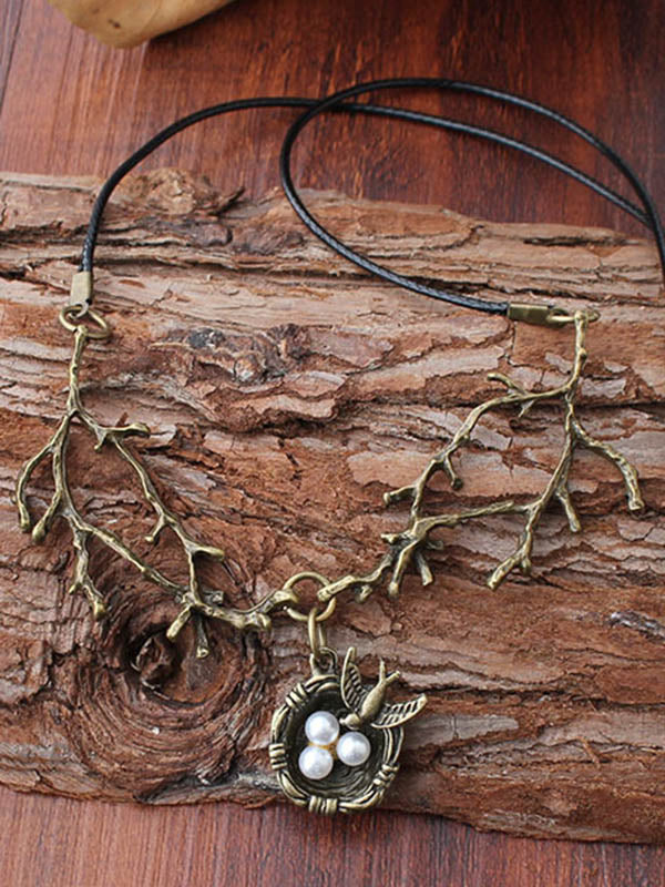 Vintage Paraffined Rope Alloy Branch Swallow Nest Necklace