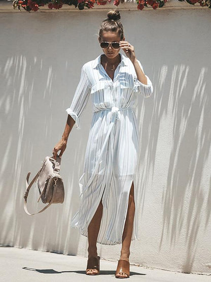 Simple Bohemia Striped Shirt Maxi Dress