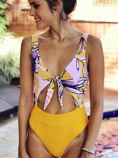 Knot Front High Waisted One-piece Swimwear