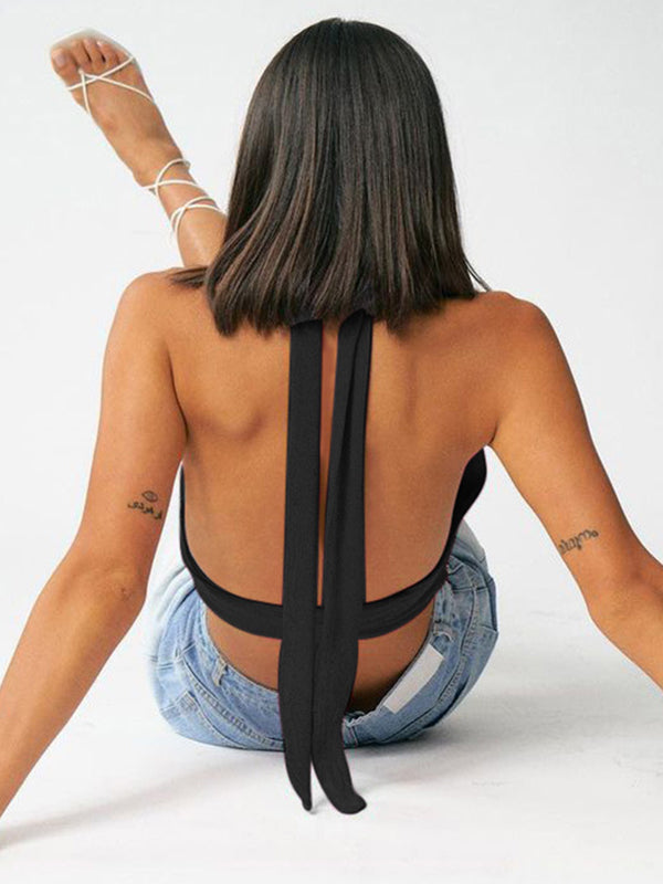 V-Neck Solid Color Halter-Neck Vest