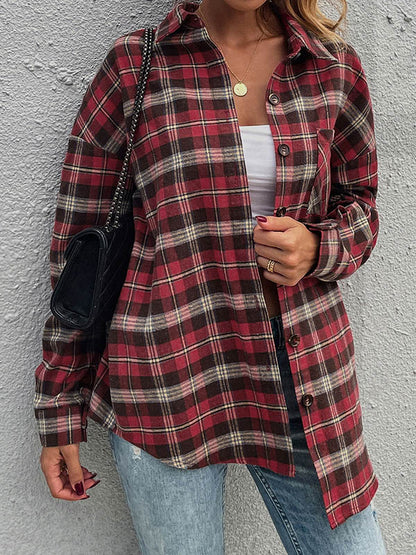 Casual Red Plaid Split-Joint With Pocket Buttoned Lapel Collar Blouse