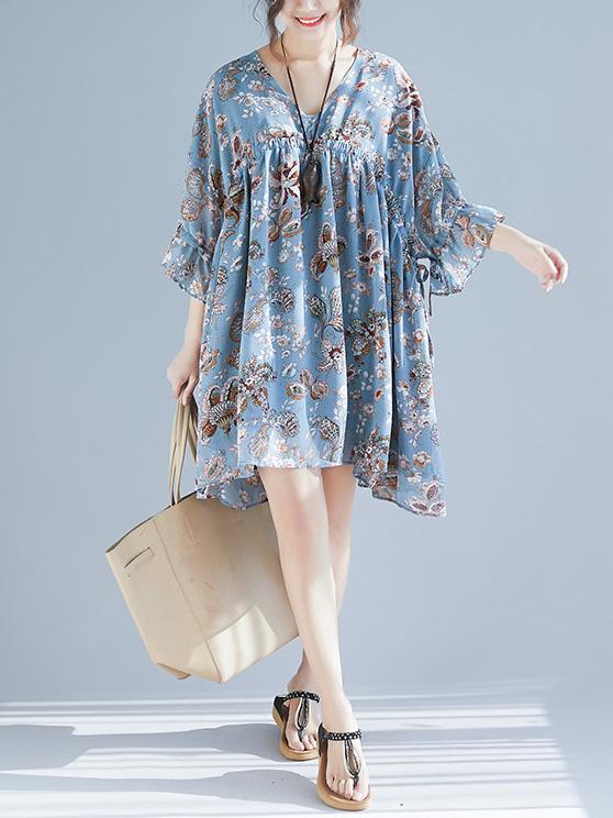 V-neck Fresh Loose Plus Size Floral Mini Dresses