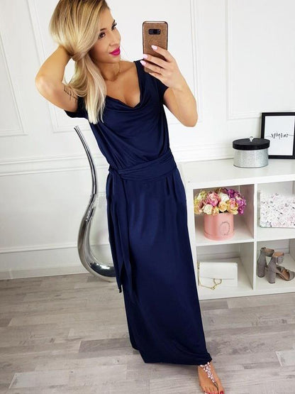 Casual Belted Short Sleeve Maxi Dress