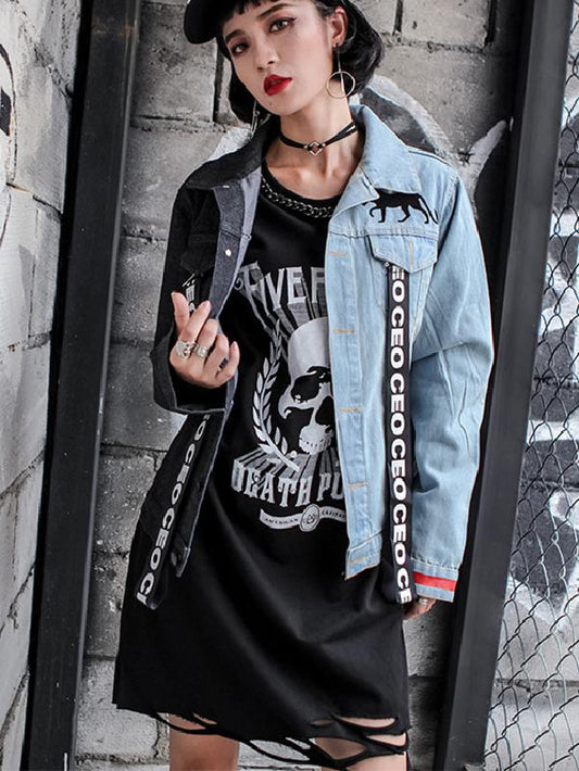 Hip-hop Printed Split-joint Lapel Denim Jacket