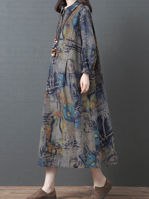 Vintage Buttoned Printed Ramie Cotton Lapel Long Sleeves Midi Dress