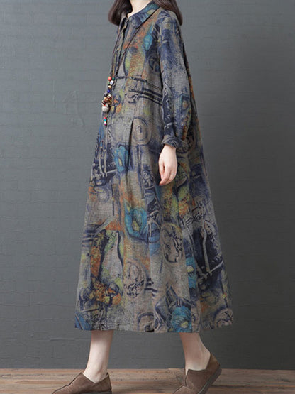 Vintage Buttoned Printed Ramie Cotton Lapel Long Sleeves Midi Dress