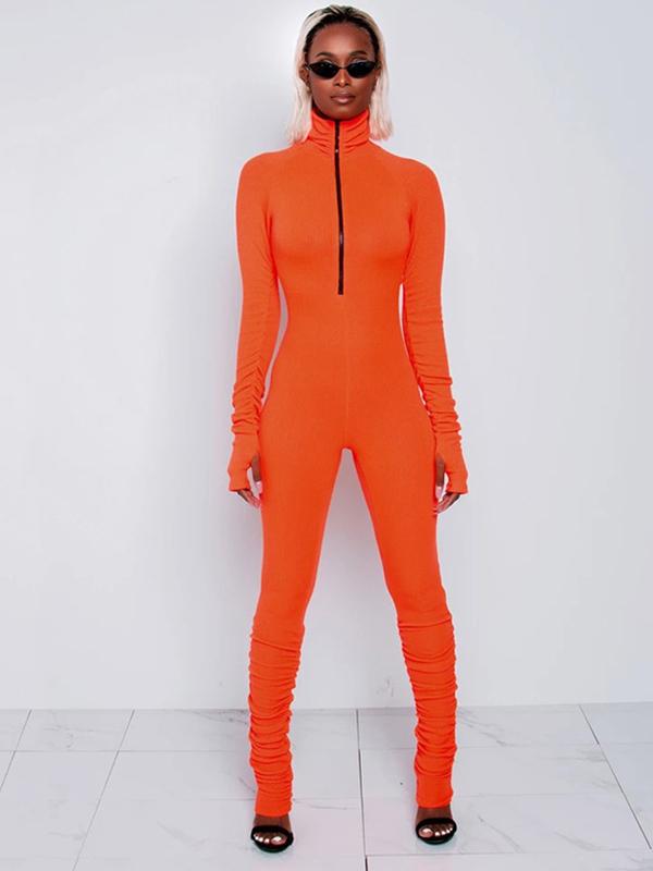 Wrap Long Sleeves High-Neck Zipper Jumpsuits