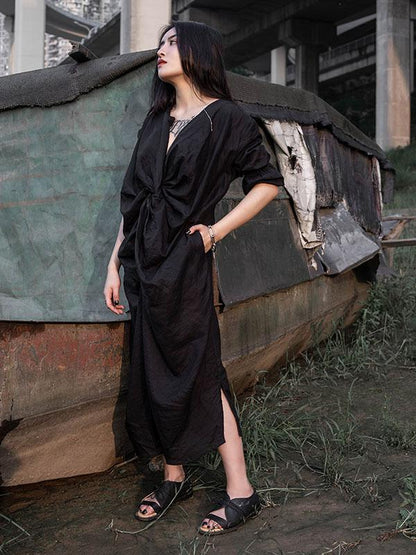 Solid Ruffled Split-Side Short Sleeves Dress