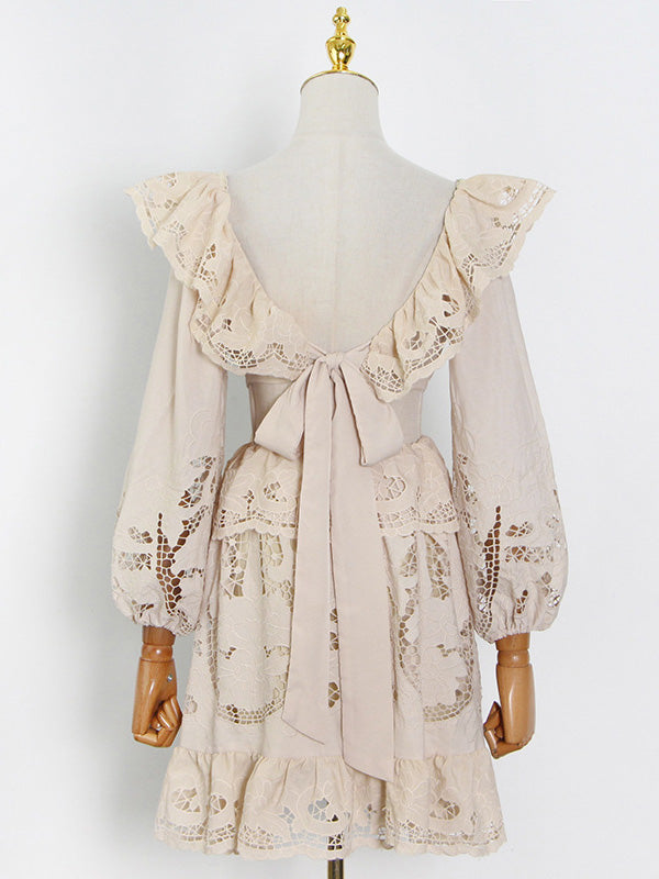 Fashion Solid Color Backless Hollow Lace V-Neck Bishop Sleeve Mini Dress