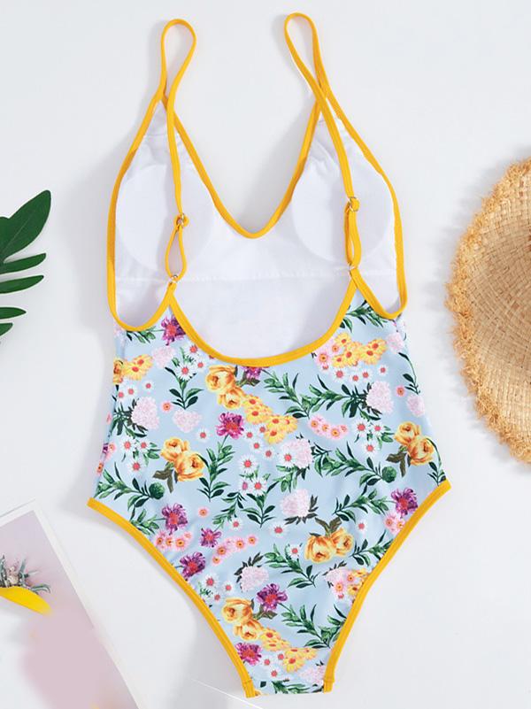 V-Neck Hemming Printing One-Piece Swimwear