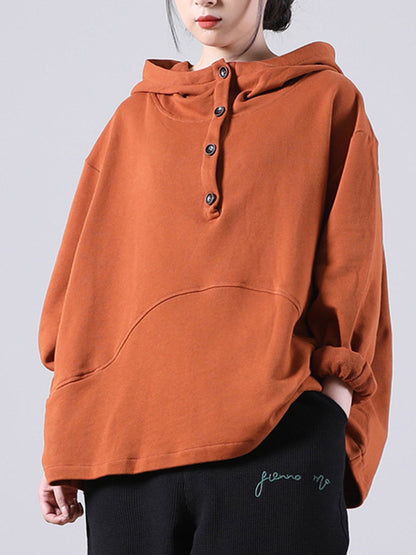Casual Solid Color Buttoned Batwing Sleeve Hoodies