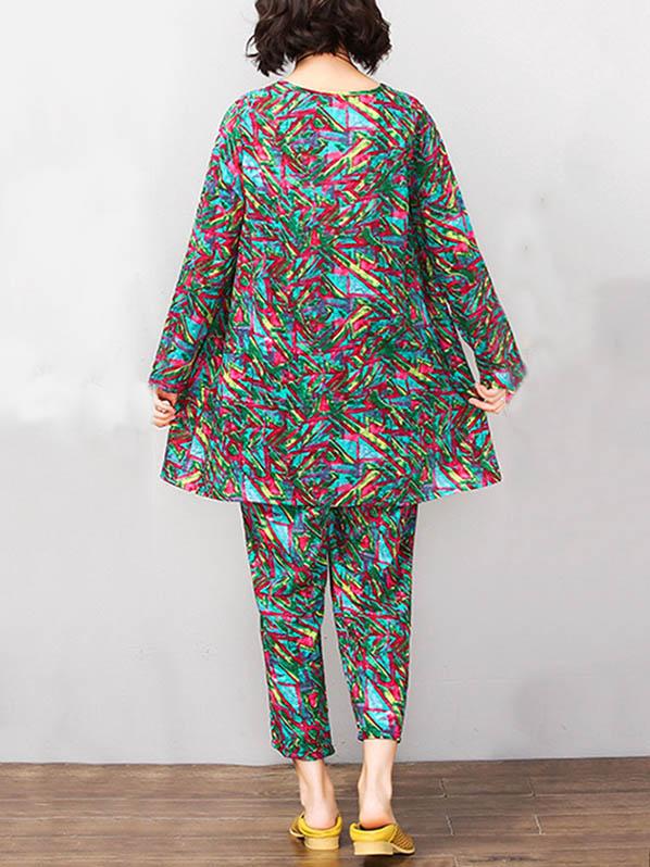 Red&Green Printed Round-neck T-shirt+Pants Suits