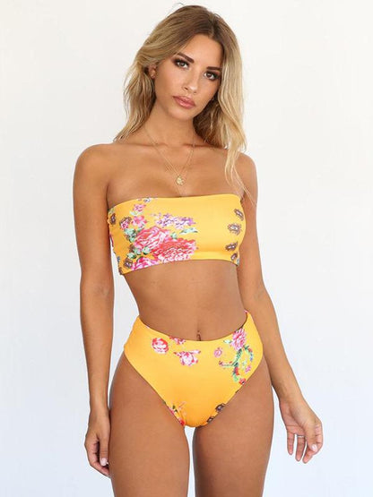 Strapless Solid Printed High Waist Bikinis Swimwear
