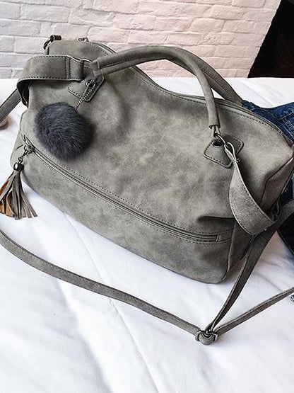 Solid Pompom Trimming Shoulder Bag